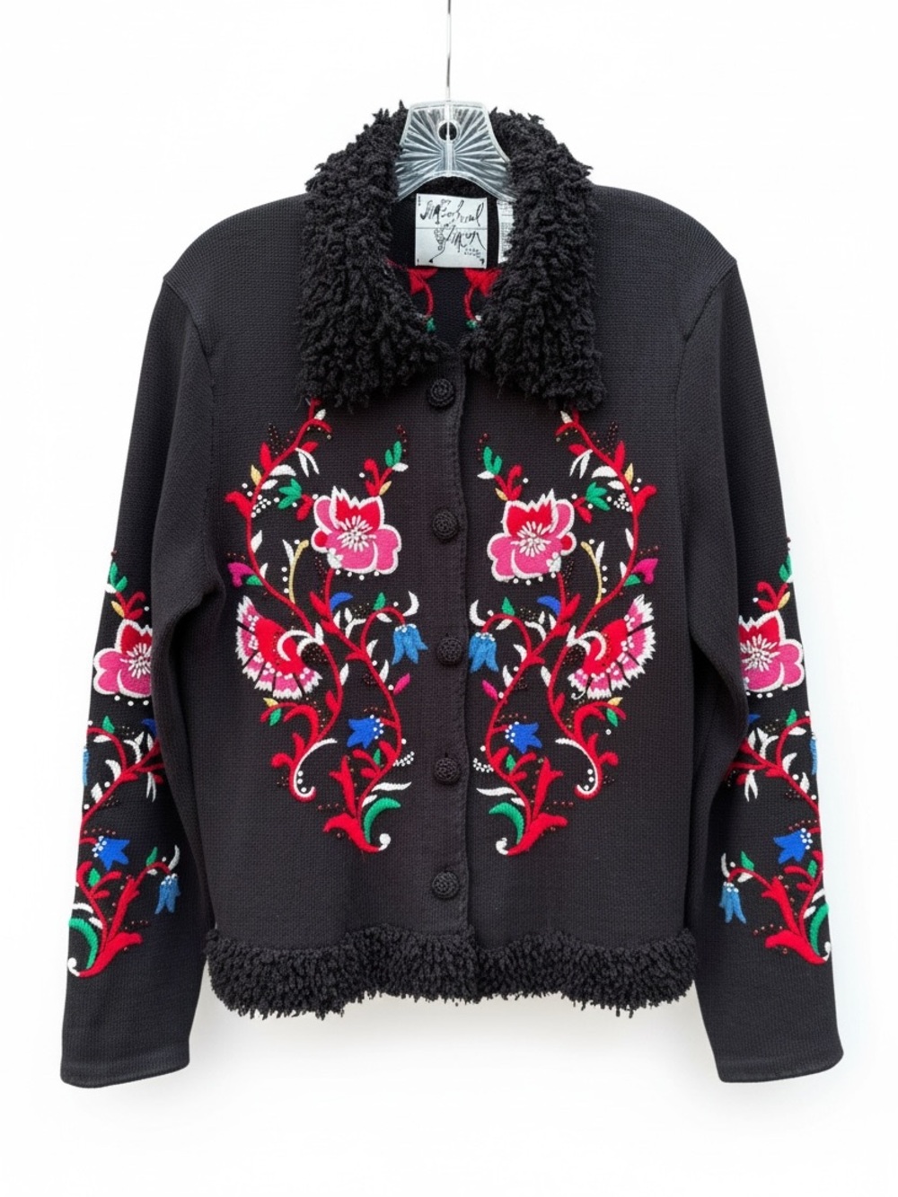 Michael Simon Black Teddy-Collar Cardigan Sweater sz M with Floral Embroidery